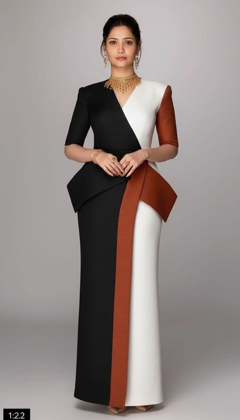 AI generated:  face mach wearing block frock, full-body shot with a high-fashion magazine aesthetic, hyperrealisti...