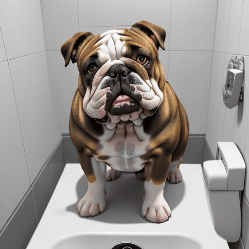 AI generated: Dog,fantastic english bulldog gray and white color, in the bathroom on the bidet, While sitting on t...