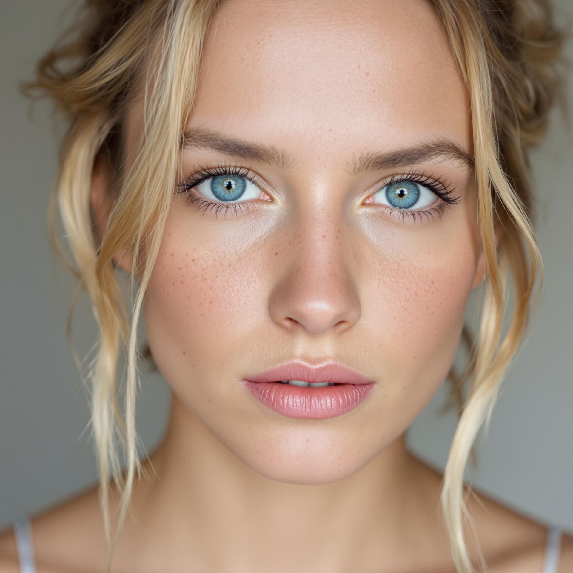 AI generated: Close-up portrait of a woman with blue eyes, light freckles, and blond hair styled in loose tendrils...