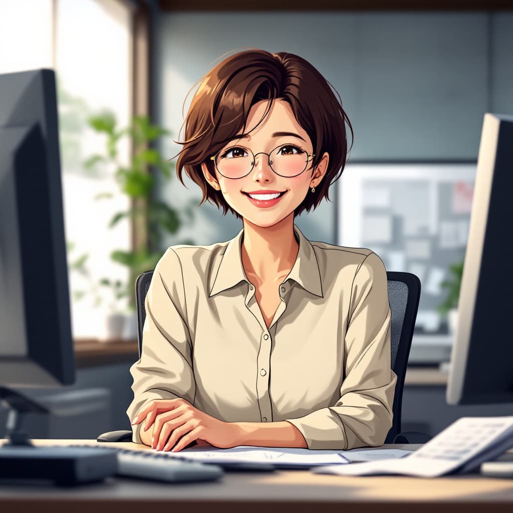 AI generated: 　　 Japanese anime female ,Short brown short cut hair charismatic but soft smiling woman in her 50s. ...
