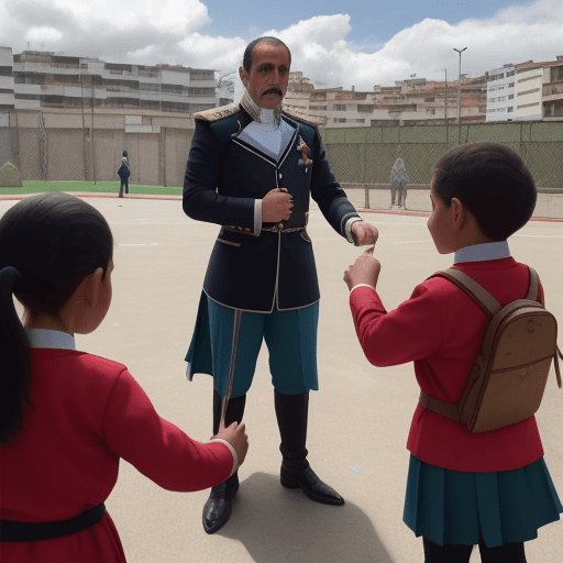 AI generated: Imagen de Jose de San Martín del Perú dando clases en una escuela ubicada en la ciudad, con niños y ...
