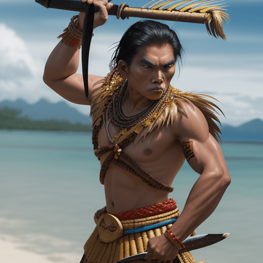 AI generated: "Close-up of Lapu-Lapu filipino, his expression fierce and determined, standing on the shore with hi...