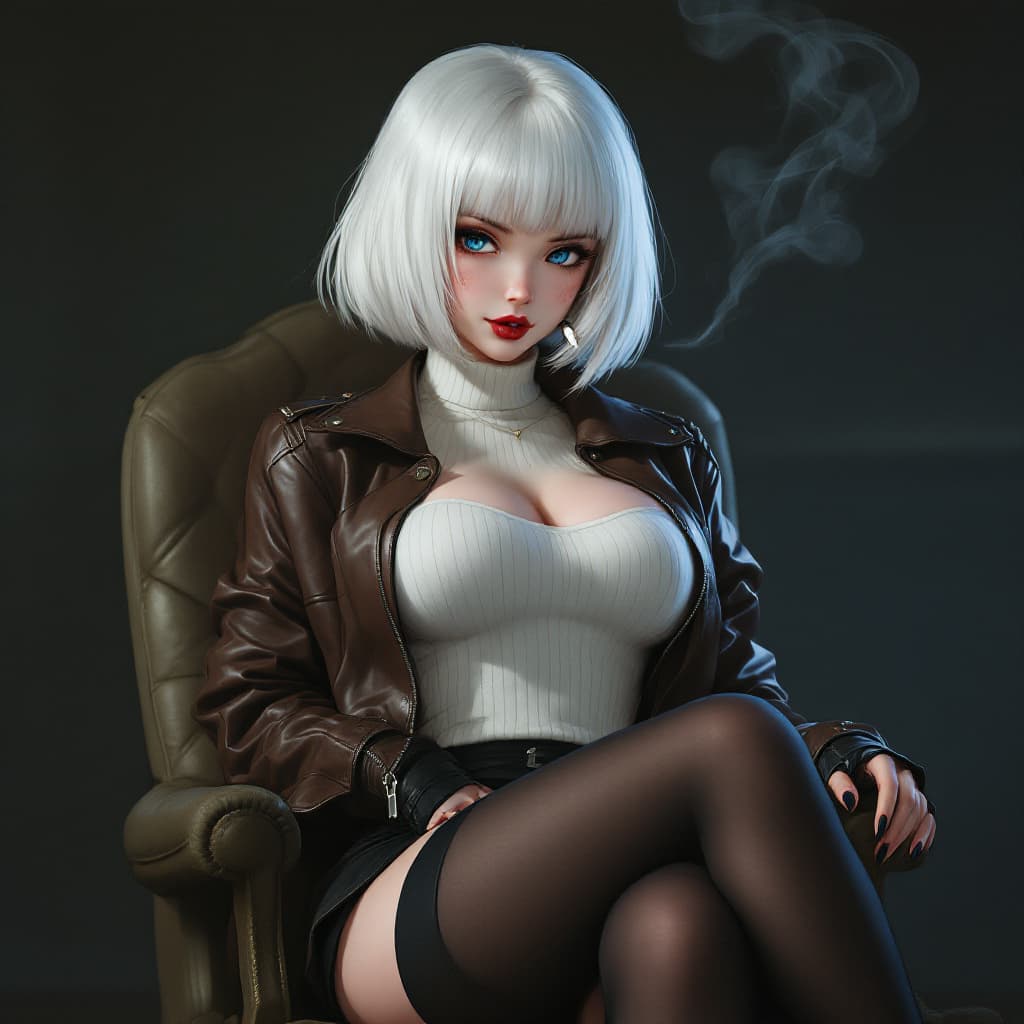 AI generated: anime, woman, white hair, bob cut, blue eyes, freckles, red lips, closed lips, white sweater, tight ...