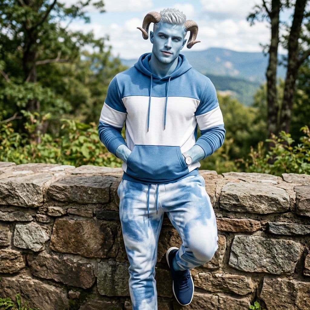 AI generated: A muscular attractive man with blue skin and white hair with glacier blue eyes with blue and white h...