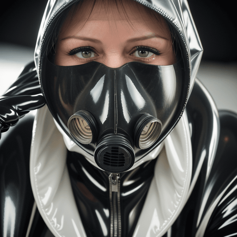 AI generated: hyper realistic headshot photo of a 40 year old woman, wearing a latex gas mask, a latex catsuit wit...