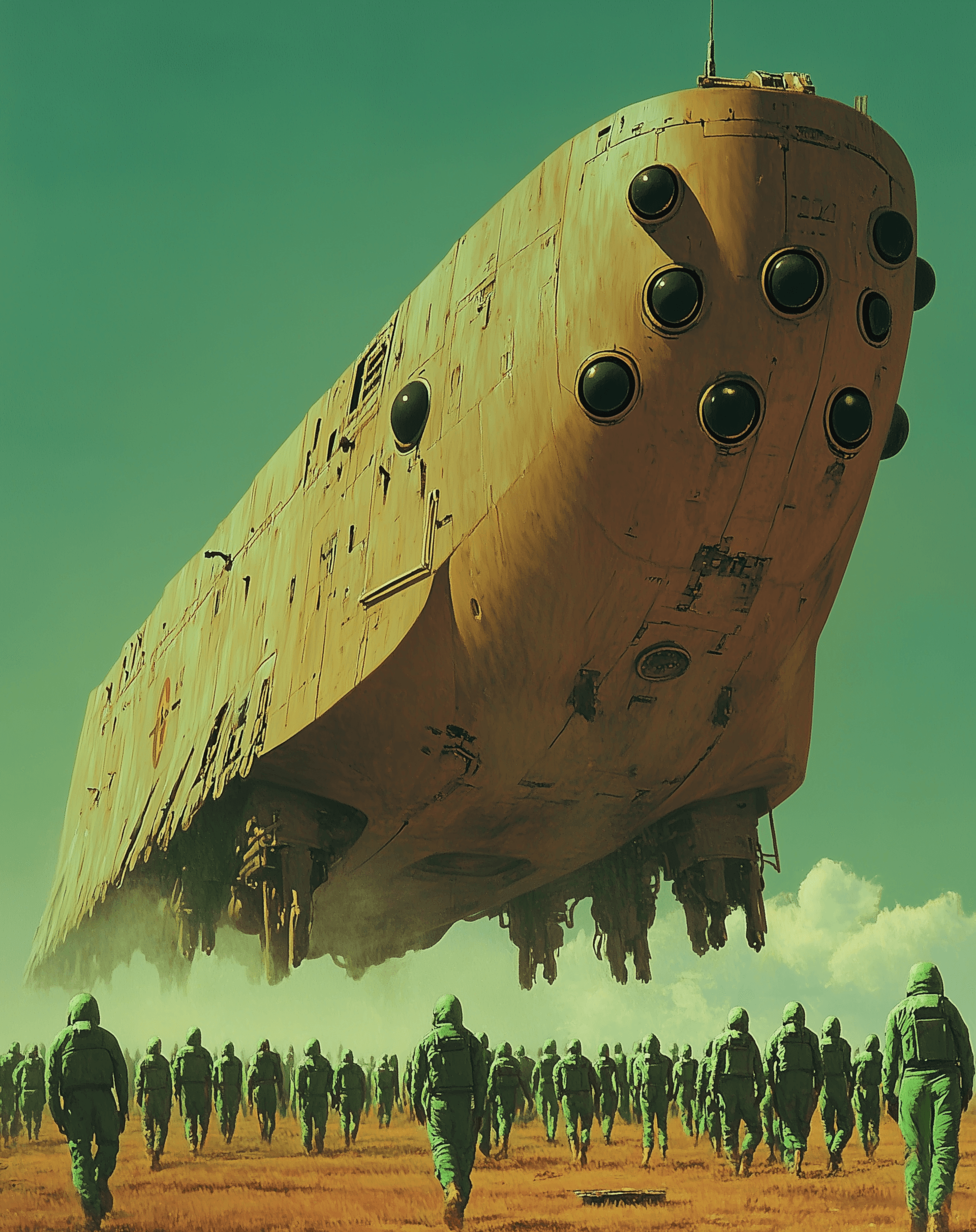 AI generated: A massive spacecraft, shaped like an open car with many small eyes on the front, is landing in a fie...