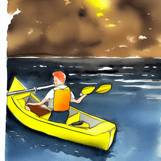 AI generated: watercolor comic book : : storm, night, 
 black cat in a yellow kayak : : --hd