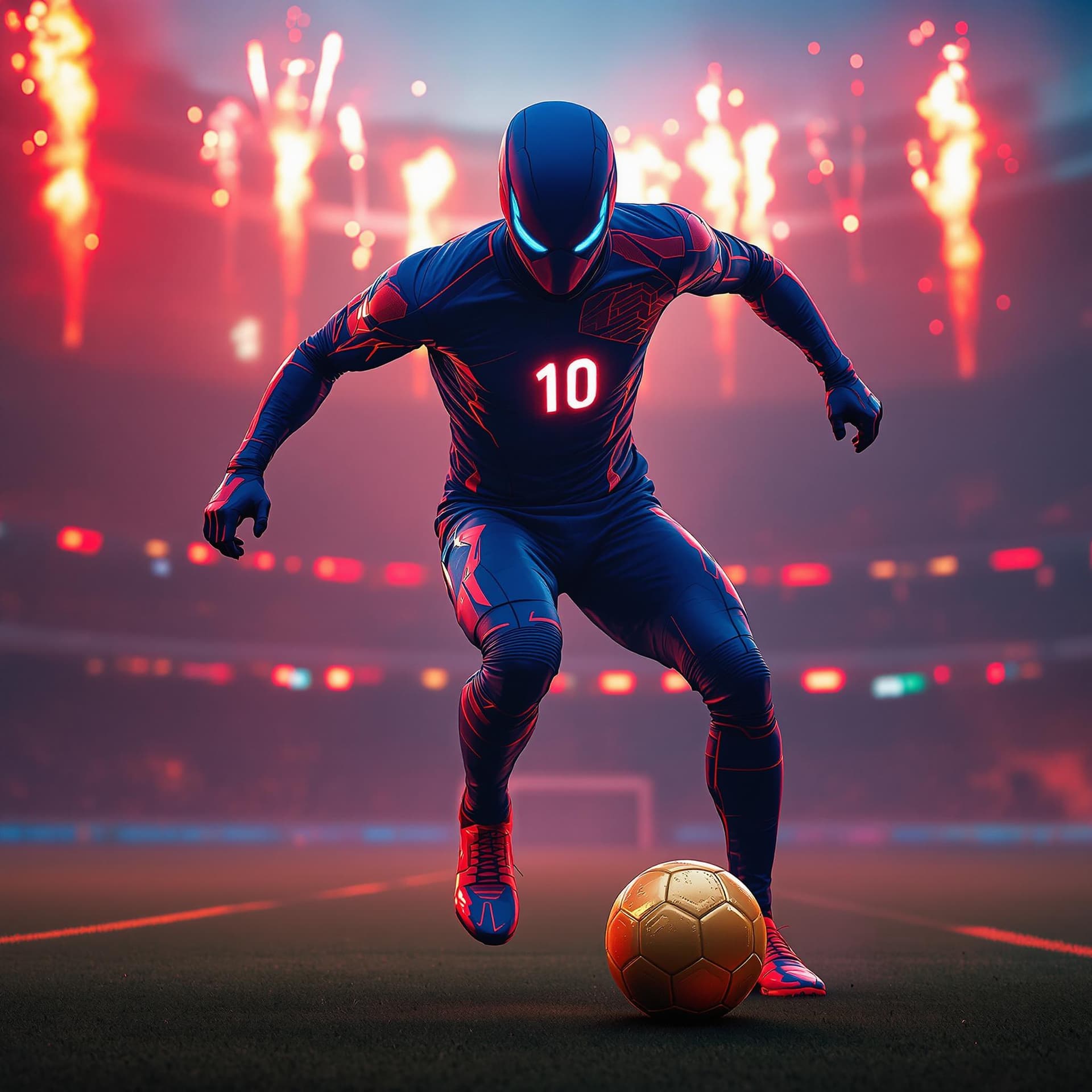 AI generated: FUTURE SOCCER PLAYER IN A TIGHT BLUE RED SUPERHERO SUIT WITH A FACE MASK AND THE NUMBER GLOWING TEN ...