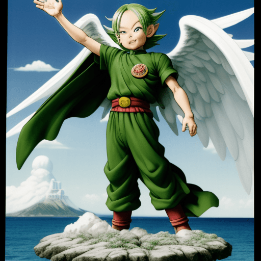 AI generated: Toriyama Akira's comic IP Piccolo, with white angel wings behind him and an angel ring on his head, ...