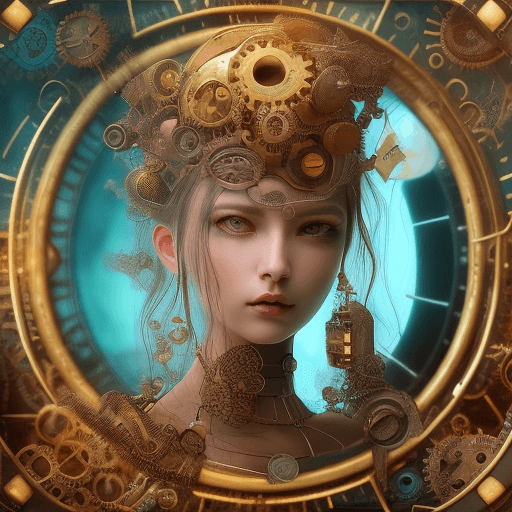 AI generated: (3D steampunk clockwork fantasy whimsical monster:1.3), inspired by (Bella Kotak), rich gold and cya...