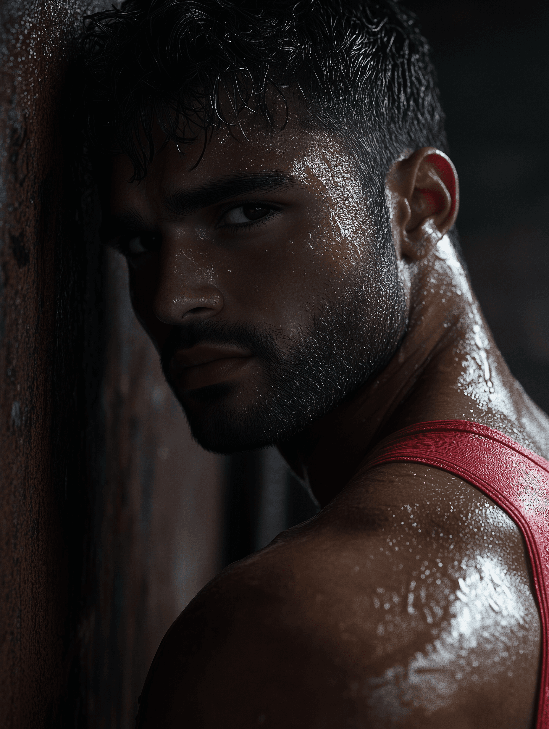 AI generated: Close-up portrait of a muscular man in a red tank top, abs, fit, standing by a wall, after a workout...