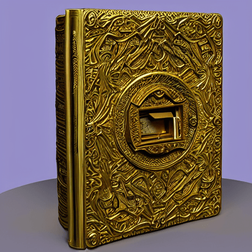 AI generated: Generate a 3D image of a book-shaped safe, completely covered in gold with an intricate and futurist...