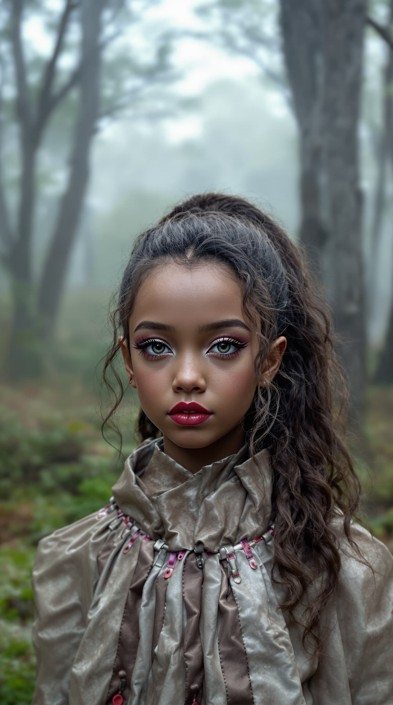 AI generated: A professional photograph of an extraordinarily beautiful eleven-year-old girl with an evil aura, ca...