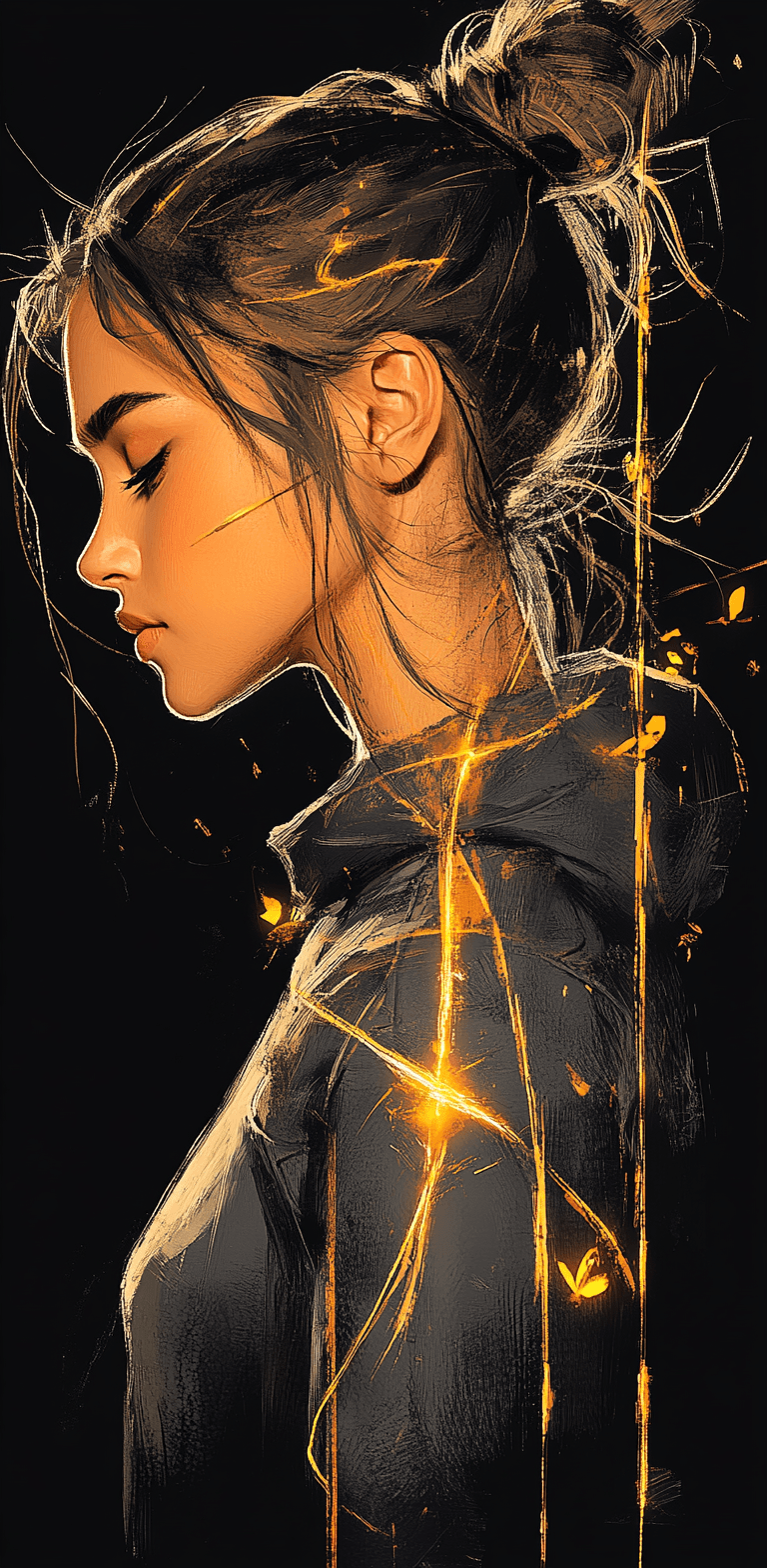 AI generated: side view of a beautiful woman with long hair in ponytail, glowing golden lines wrapped around body,...