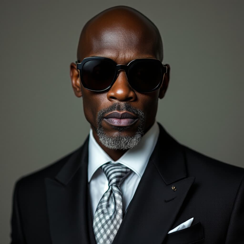 AI generated: A photo of an eccentric black man wearing big sunglasses and a designer suit , he has a bald head