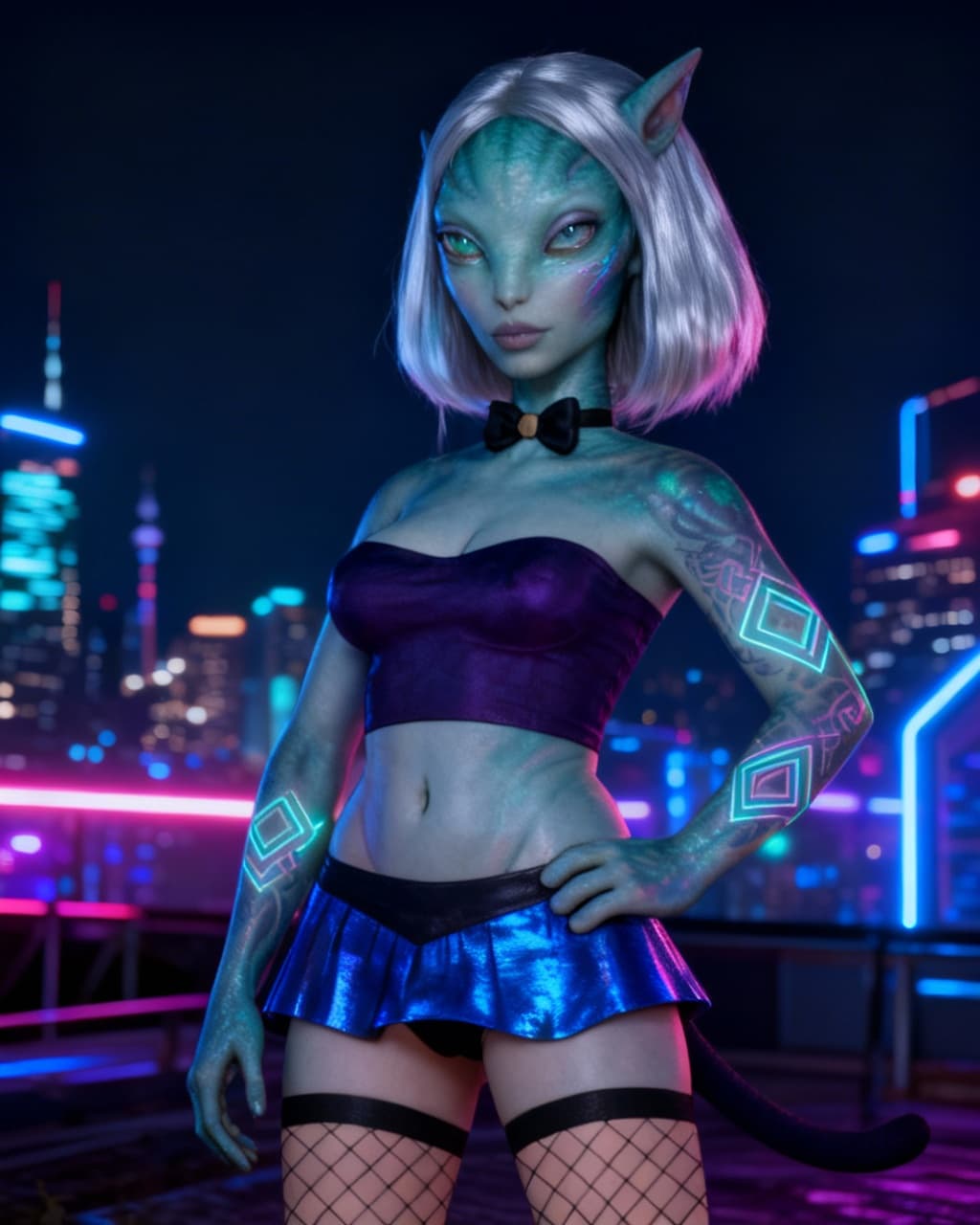AI generated: Blend anthropomorphic to create a new anthropomorphic, alien hybrid. Give a Nightlife backdrop, and ...