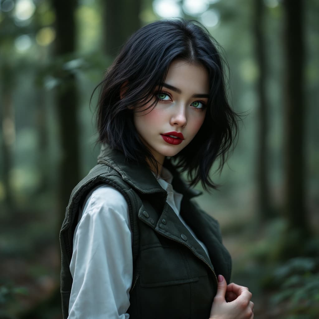 AI generated: 20 year old black haired girl, shoulder length black hair, stunning green eyes. wearing vest and sta...
