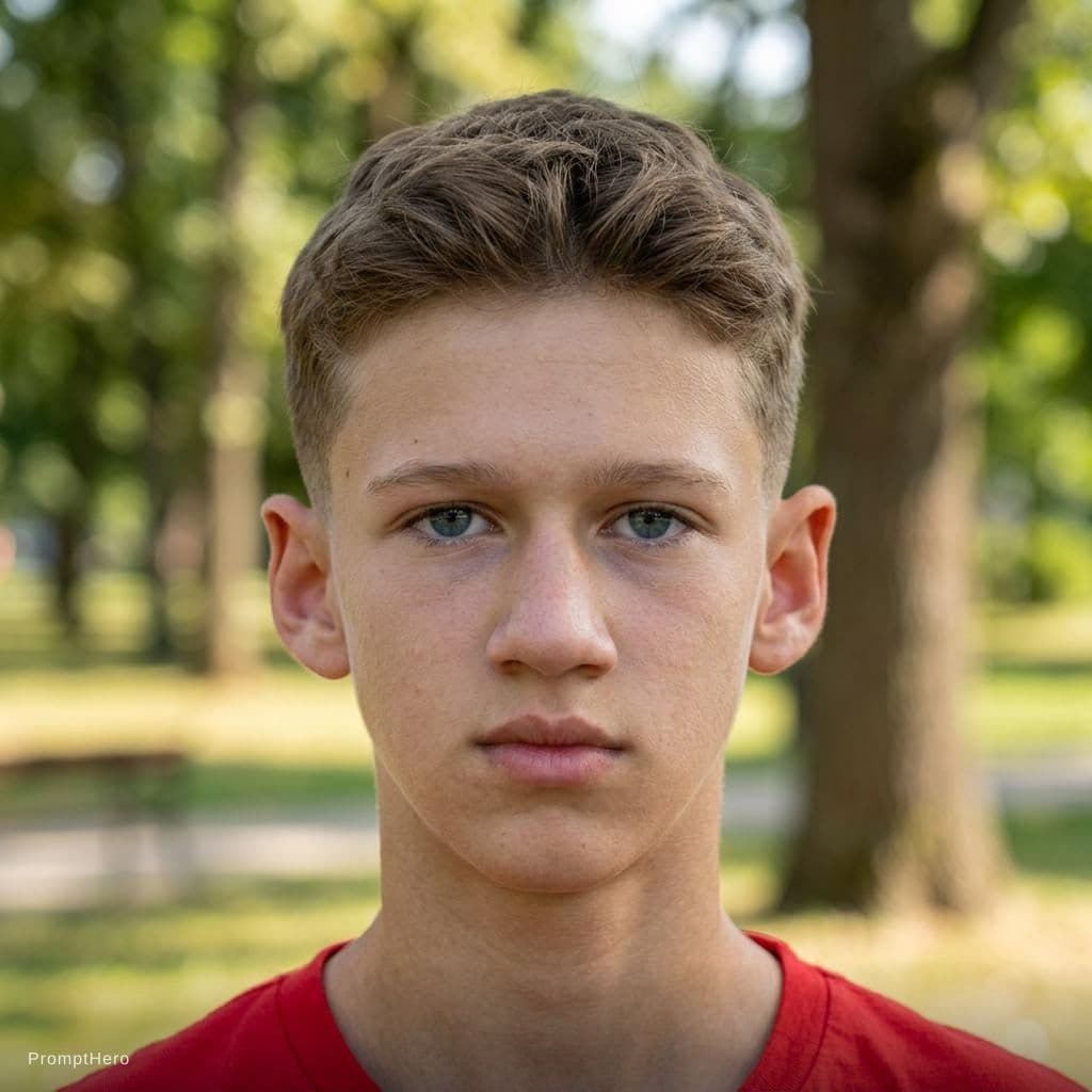 AI generated: 13-year-old boy, modern clean haircut, lshort sides gradually blended, medium length textured top, c...
