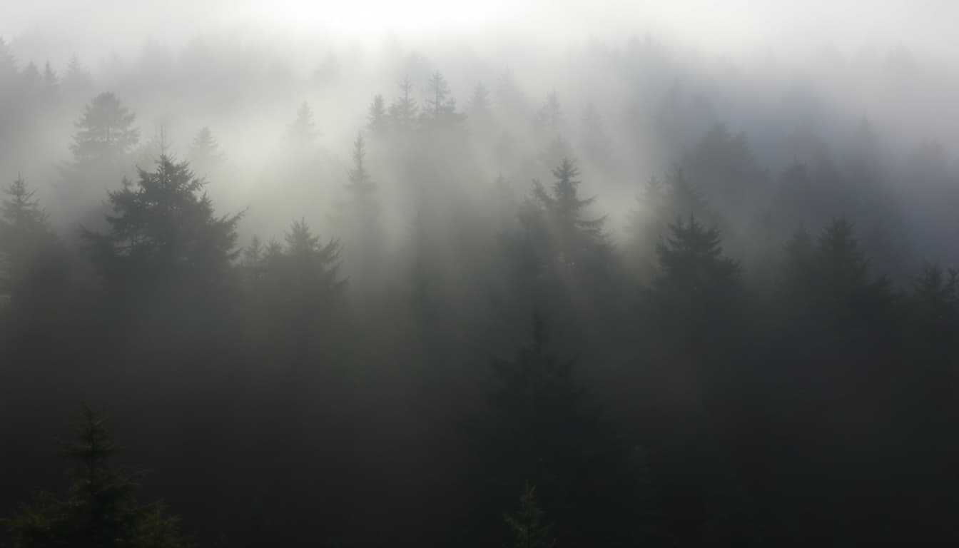AI generated: A dense foggy forest in the early morning, with sunlight filtering through the trees.