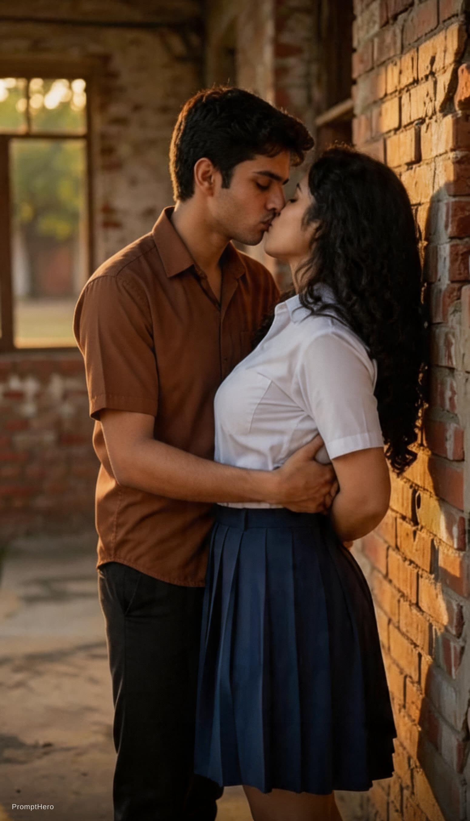 AI generated: "A realistic and cinematic shot of a young couple in school uniforms sharing a romantic moment again...