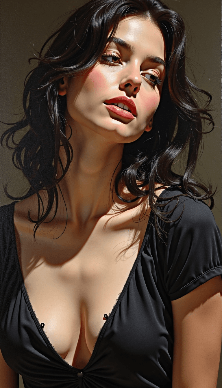 AI generated: The painting depicts a woman with dark, wavy hair that falls loosely around her shoulders. She is lo...