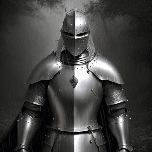 AI generated: Generate a hyper-realistic portrait of a knight standing in a dense forest near a medieval village. ...