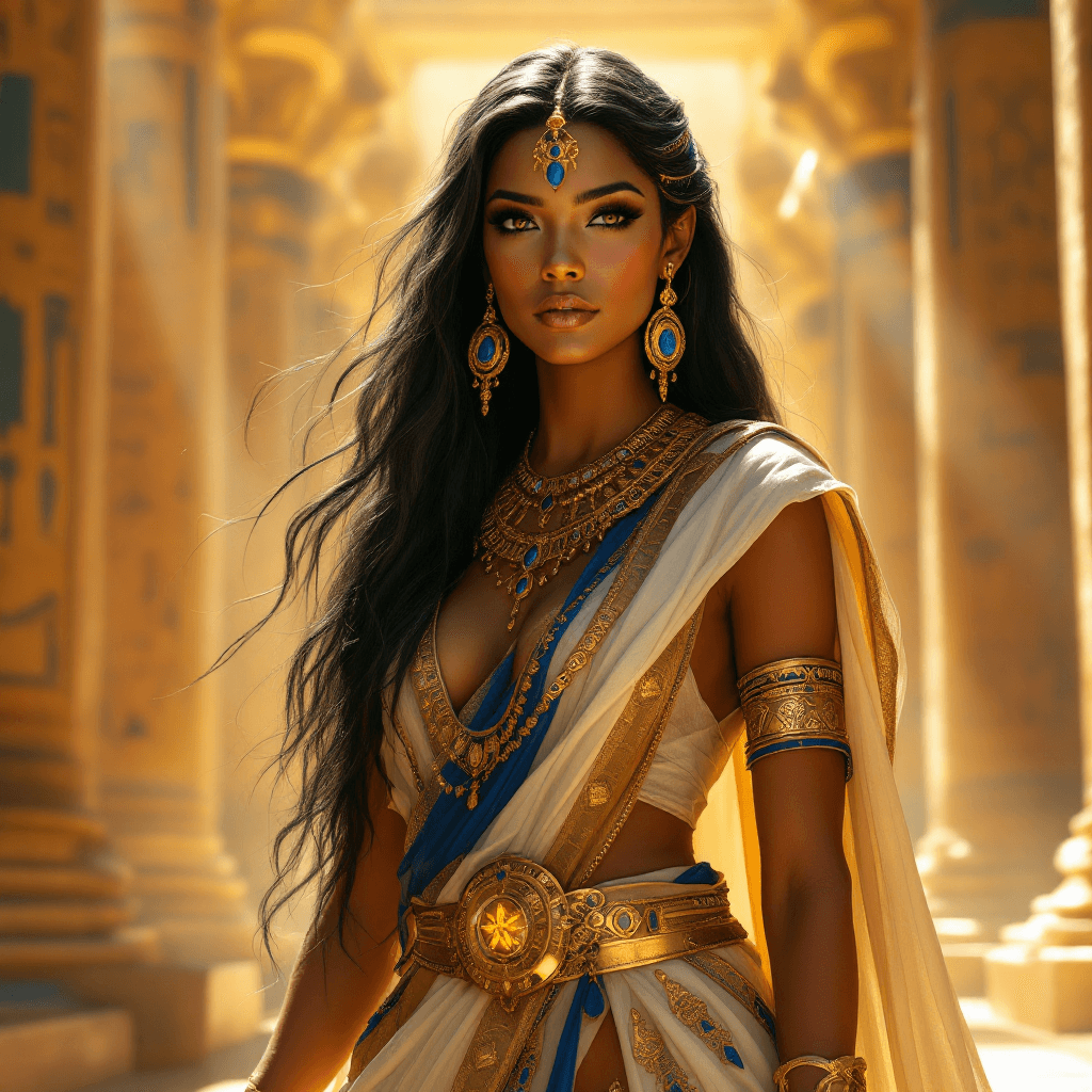 AI generated: The Priestess of the Sun Temple: A regal priestess with long, flowing, ebony hair styled in an elega...