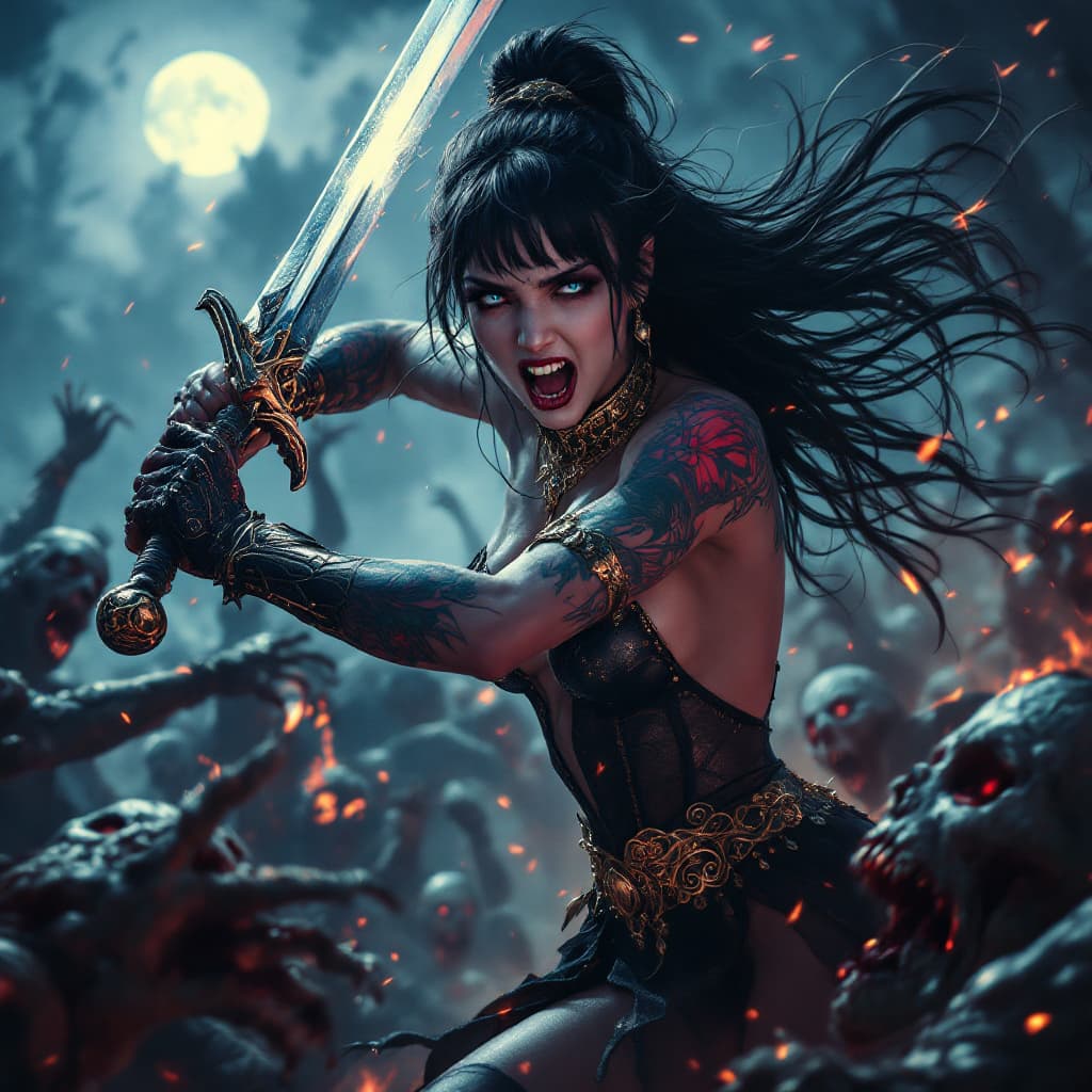 AI generated: Hyper realistic, photo realism, zoomed out HD Photo of beautiful, sultry Amazon Vampire Princess in ...