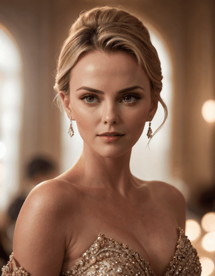 AI generated: RAW photo, photo of young Charlize Theron, elegant makeup, chignon bun, in a ballroom, regal, majest...