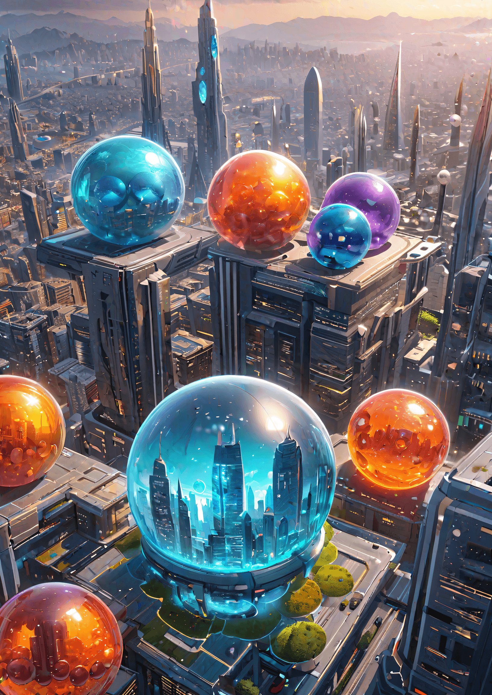 AI generated: Masterpiece, Stunning, Best quality, mascots, futuristic cityscape, delicious jelly balls, floofy ba...