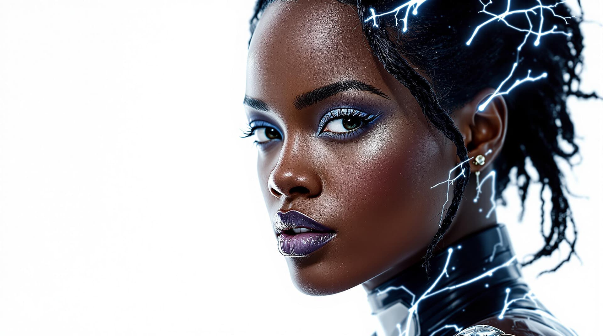 AI generated: portrait of Rihanna as Storm from X-Men, young, (white background), hyperrealistic, 8k