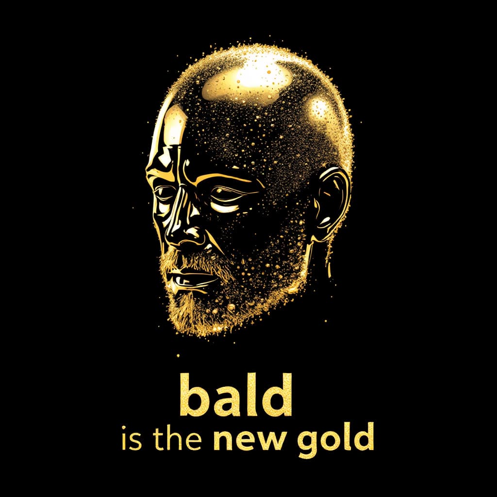 AI generated: Image of head, must be fully gold, bald, shiny around the head, with text "bald is the new gold", bl...