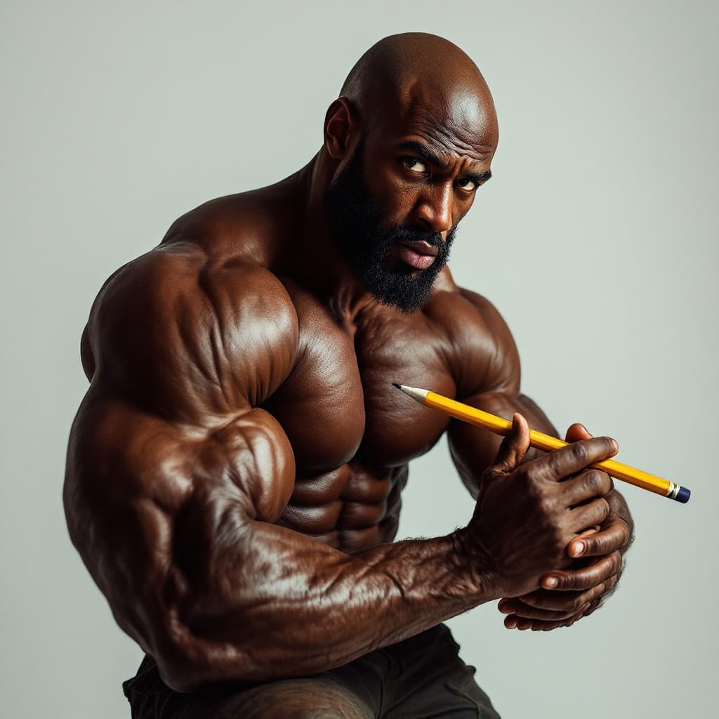 AI generated: A bodybuilder man with big pencil in hands african
