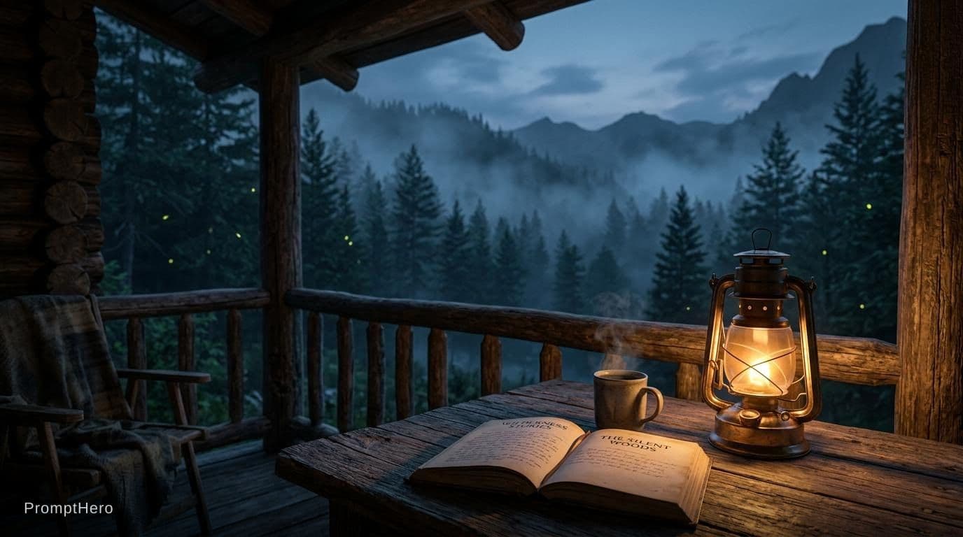 AI generated: A cinematic blue-hour forest cabin scene in the mountains, viewed from a wooden porch table. In the ...