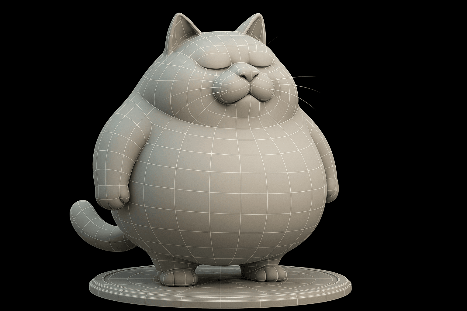 AI generated: A stylized 3D-rendered sculpture of a chubby, cartoonish cat standing upright on a circular base. Th...
