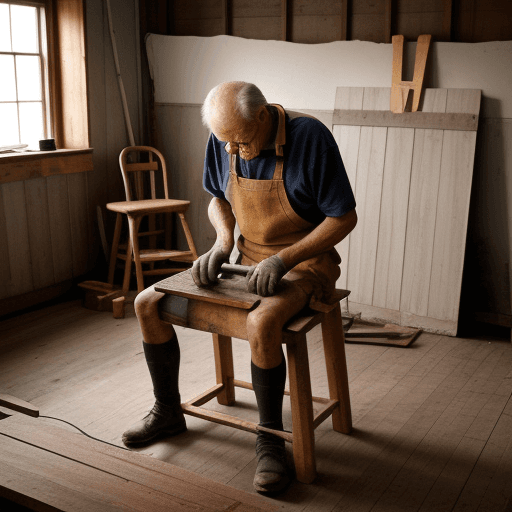 AI generated: an old carpenter polishing a wooden chair