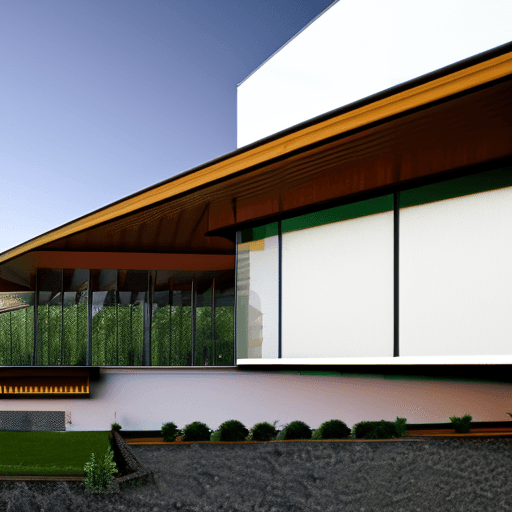 AI generated: photorealistic, canon EOS 5d, wood exterior,minimalistic two story museum building in a serene rural...