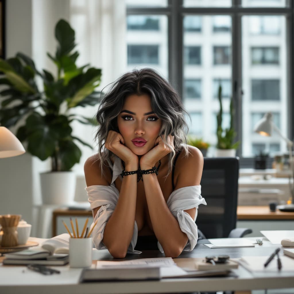 AI generated: sexy woman resting his elbows on the desk., sending a kiss, leather miniskirt, white shirt tied with...