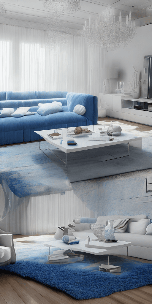 AI generated: Photorealistic, 4k, high resolution, high detail, luxury, living room with a blue couch and a white ...