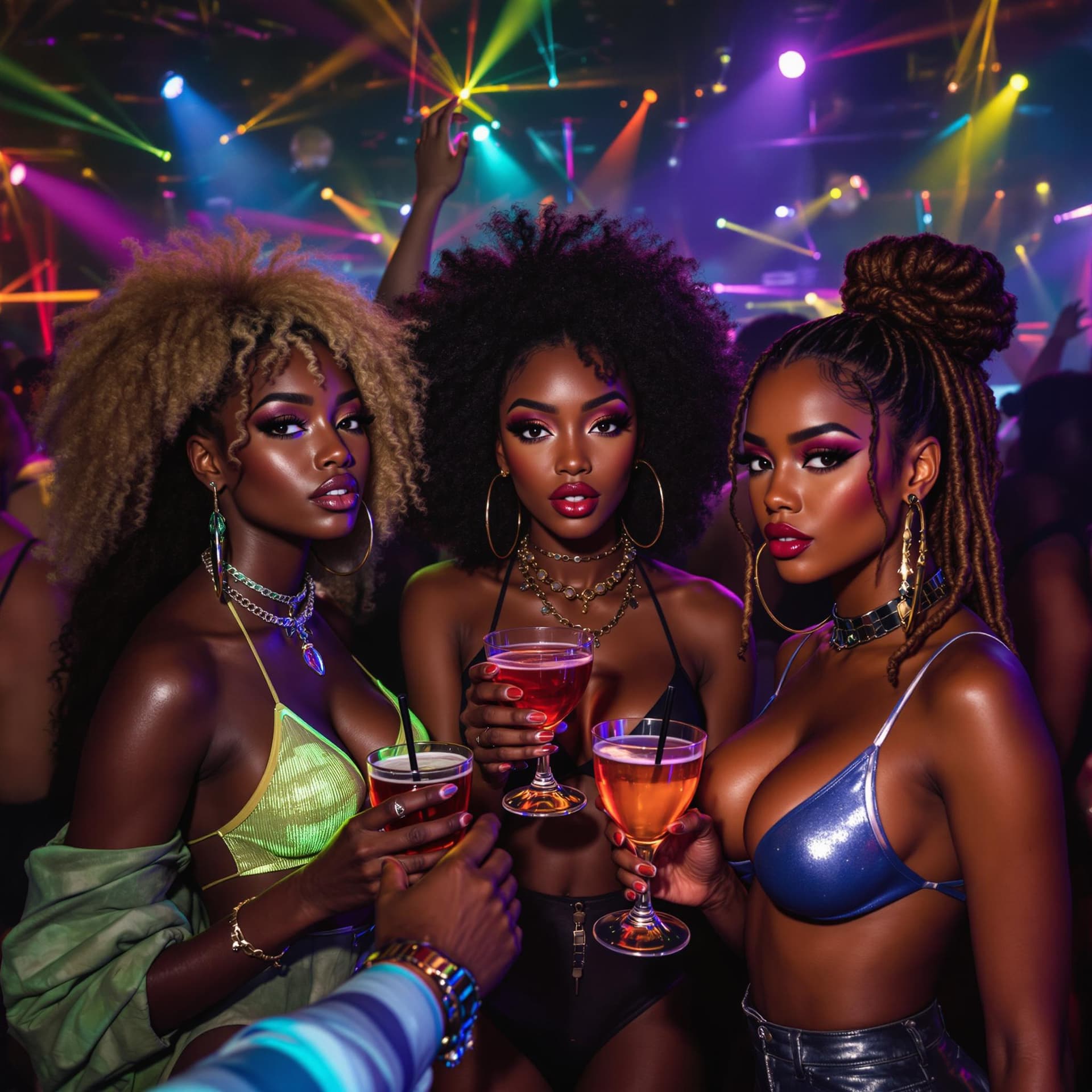 AI generated: 3 very attractive african american of different skin tones and hair colors are holding drinks in the...