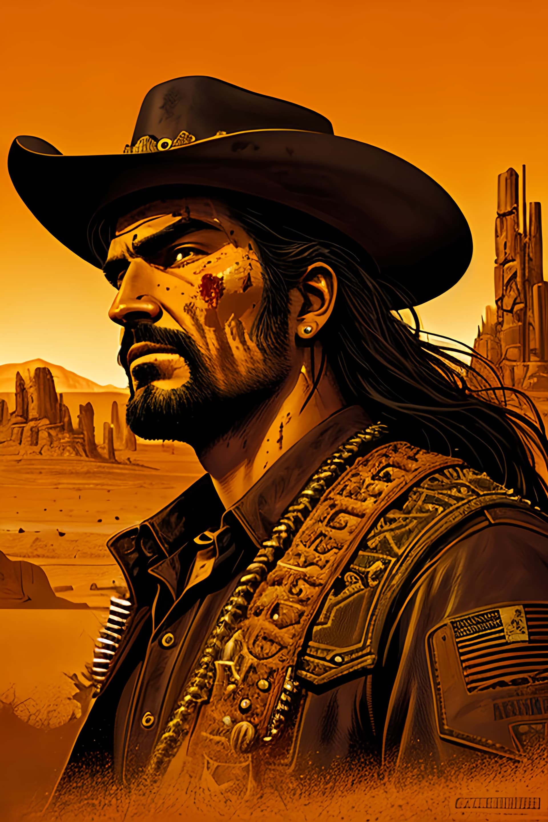 AI generated: A classic portrait of a retro spaghetti western style gunslinger, a dusty desert wild west landscape...