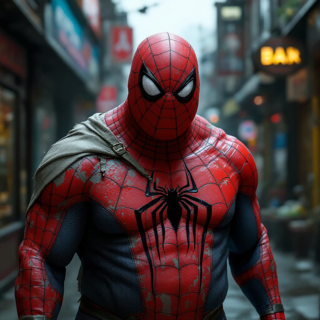 AI generated: {lonley, fat, old spiderman}, costume old, mold humid,  bar scotch, front view, hyper realistic

