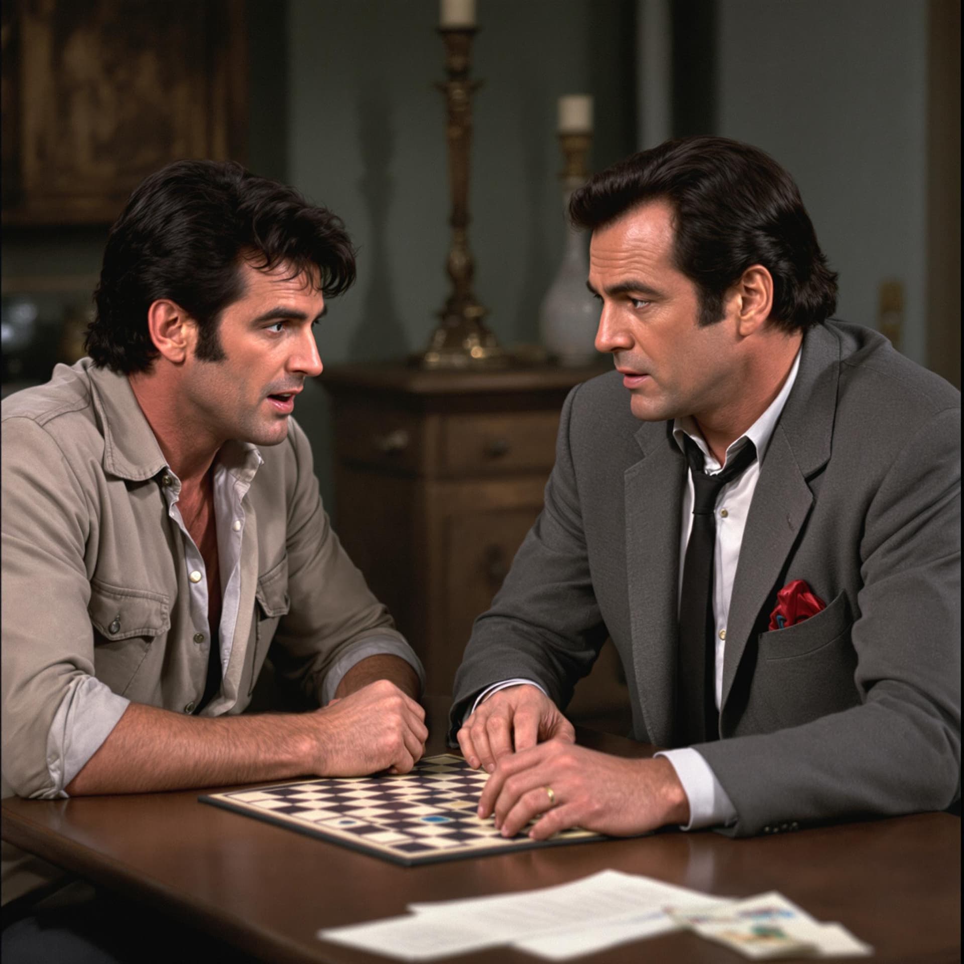 AI generated: jim carrey as ace ventura playing  a  game of clue with peter falk as  the detective columbo is his ...