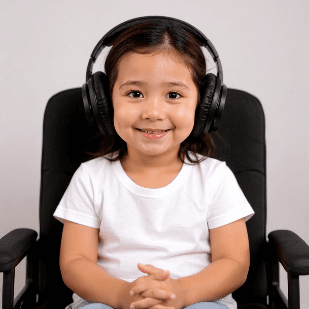 AI generated: transforms my image into a 2-year-old baby girl with headphones on sitting in a seat to do a podcast