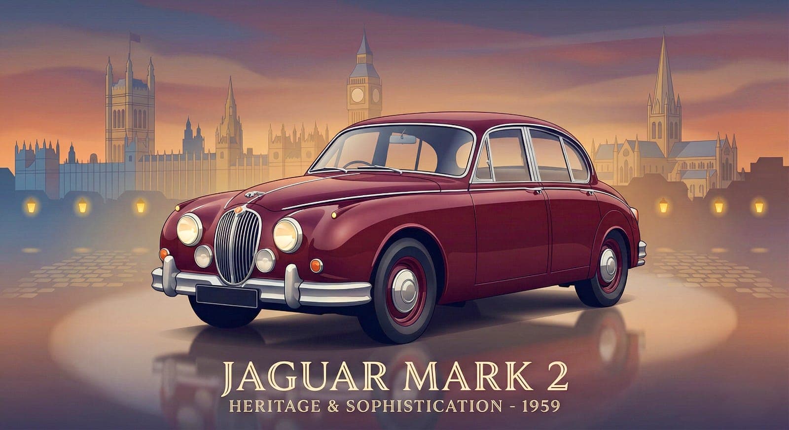 AI generated: Generate a refined vector artwork of a 1959 Jaguar Mark 2 in deep burgundy, shown from a graceful fr...