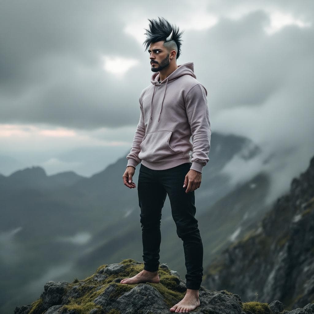 AI generated: A tall, muscular yet lean man stands on a moss-covered rock at the top of a mountain beneath a sky f...