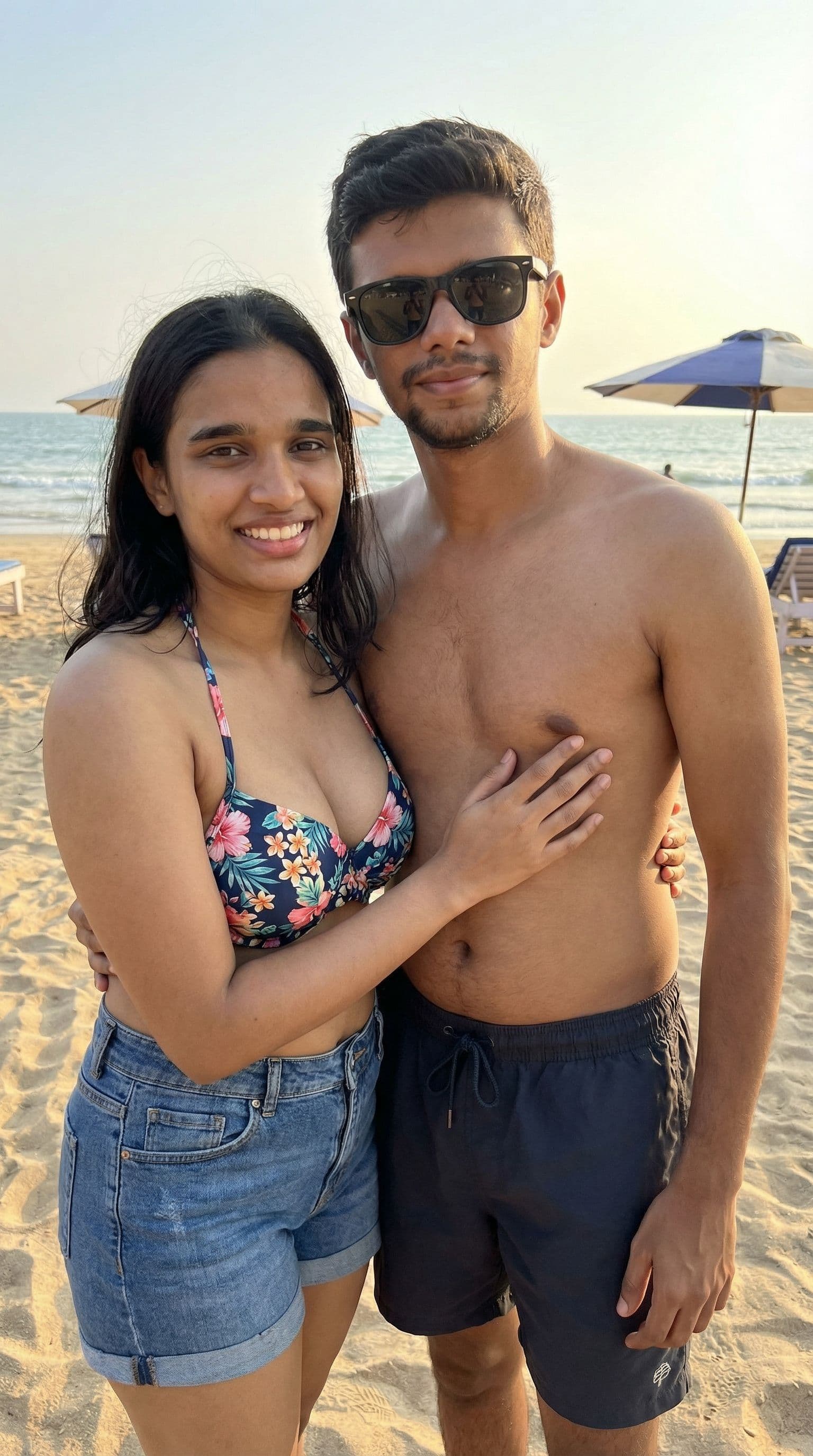AI generated: They two wears shots and bikni in beach her boobs half express they two couple posing for pic his ha...