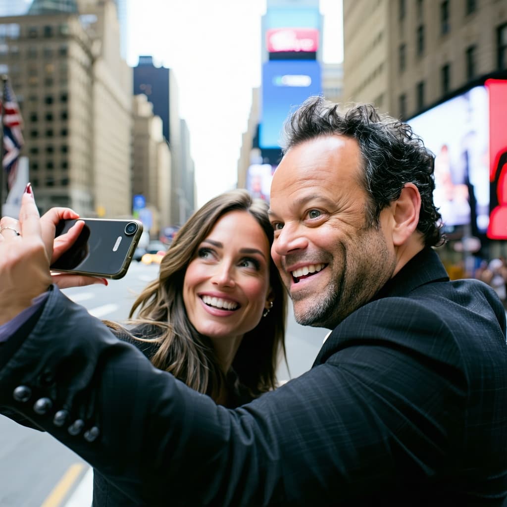 AI generated: Selfie with Vince Vaughn in new York city woman is holding phone two people facing camera for selfie