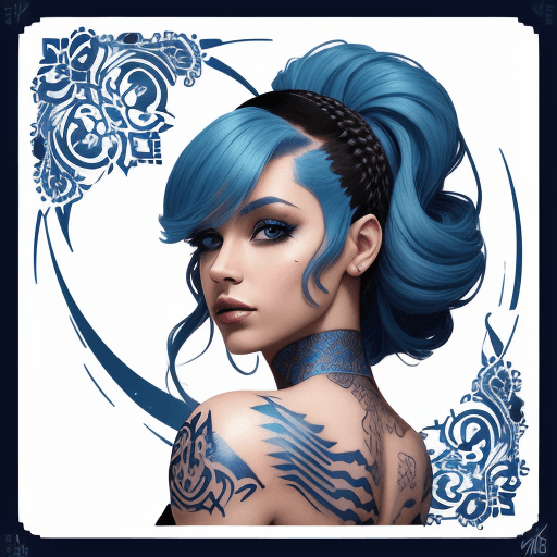 AI generated: beauty beauty model tattoo designs by karimah, hair coloring for a woman, in the style of silkscreen...