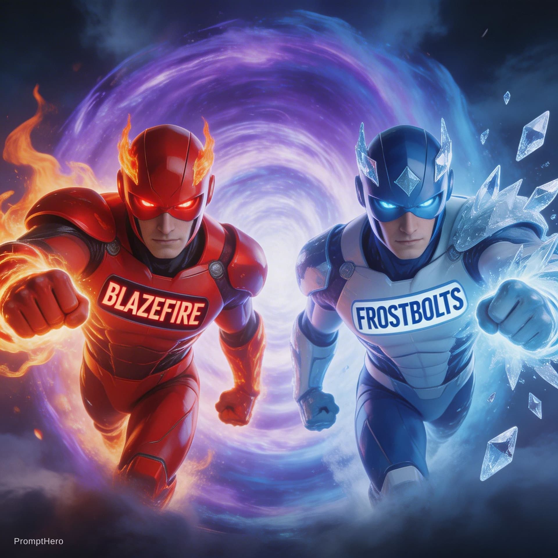 AI generated: "Red hero 'BlazeFire' with flames, Blue hero 'FrostBolts' with icy shards, emerging from a glowing p...